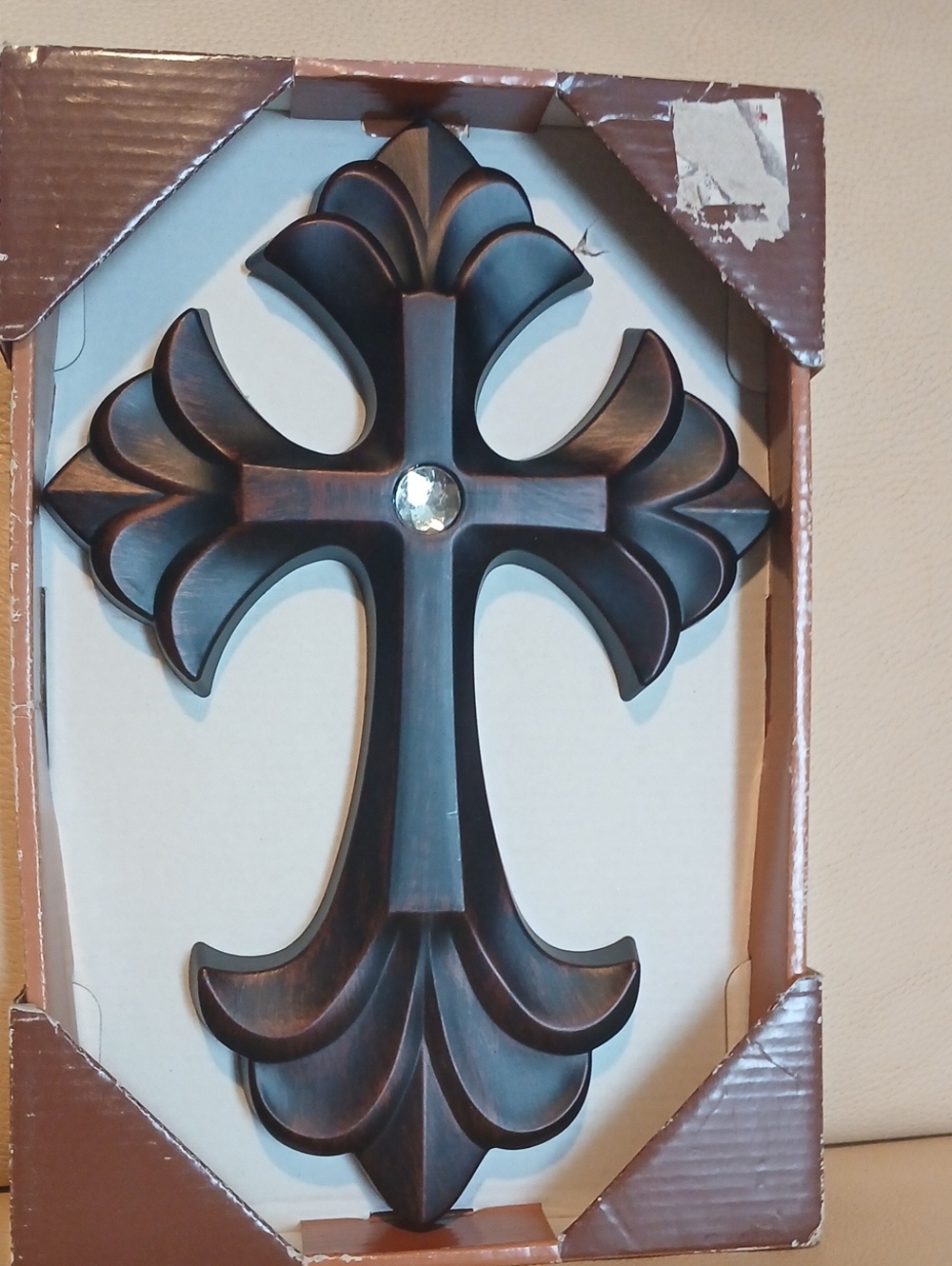 Decorative Dark Brown Woodtone Resin Cross Wall Accent with Center Jewel